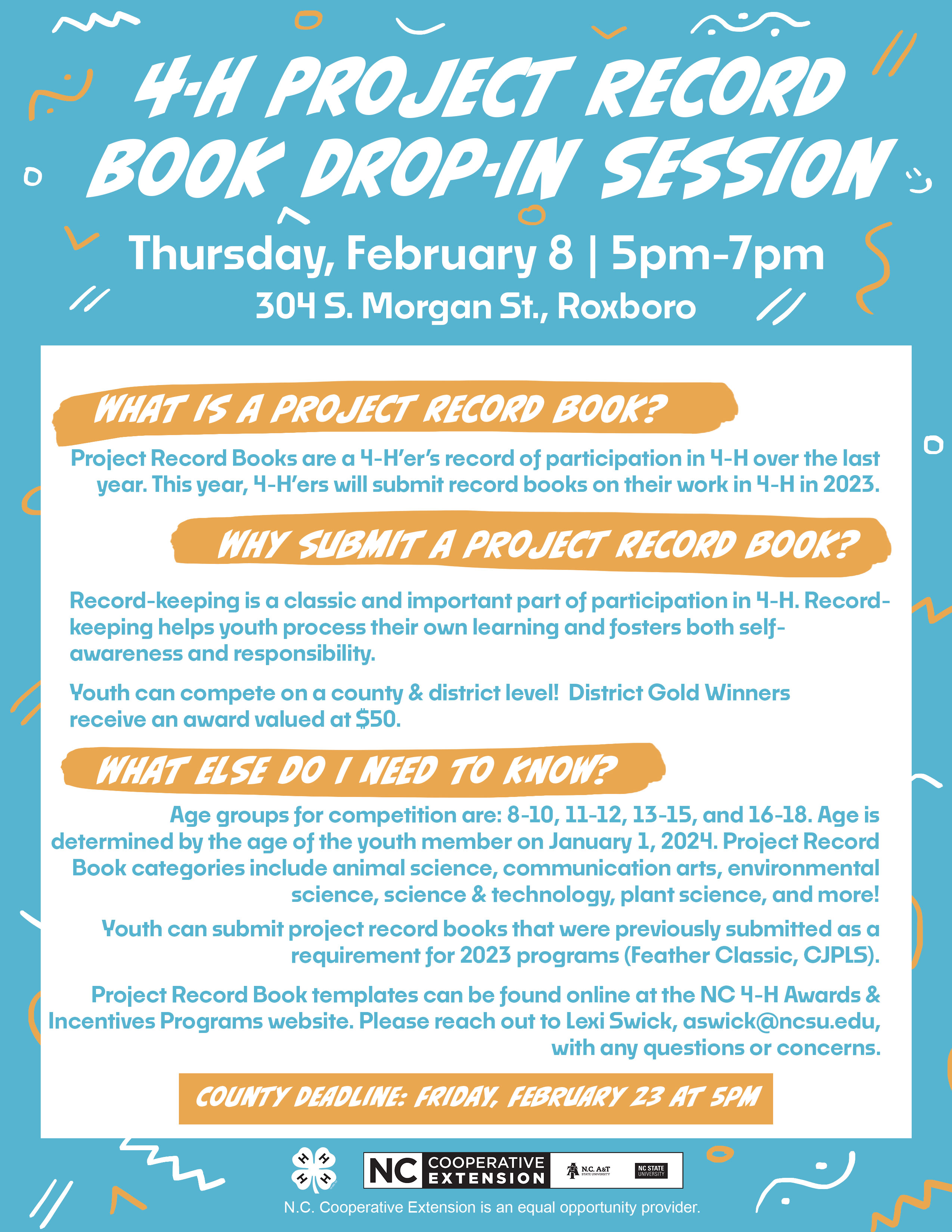 Detailed information on the Project Record Book Drop-In Session. Contact aswick@ncsu.edu for more information.