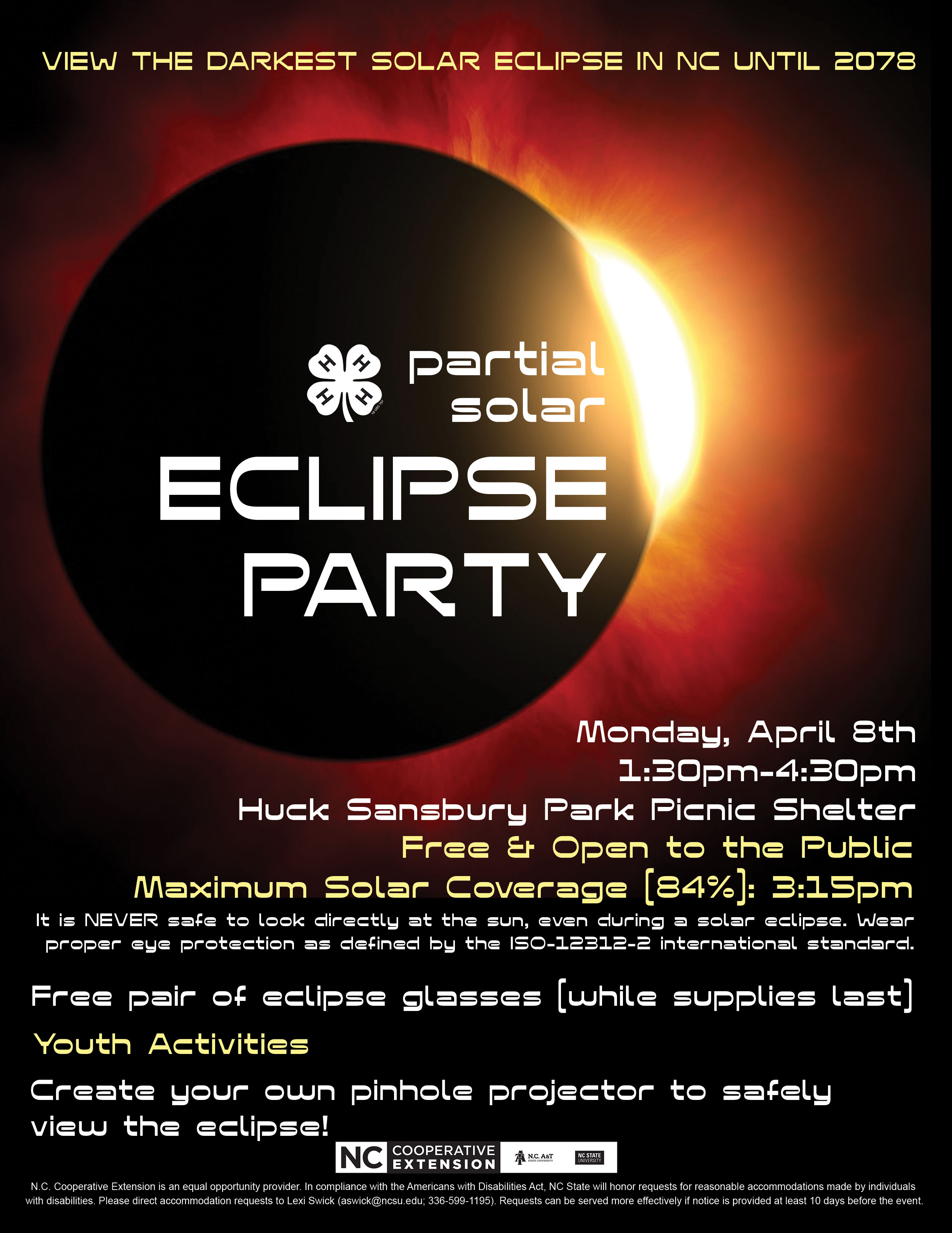 On April 8, view the darkest solar eclipse in NC until 2078! Contact 4-H Agent Lexi Swick at 3365991195 or aswick@ncsu.edu for more info.